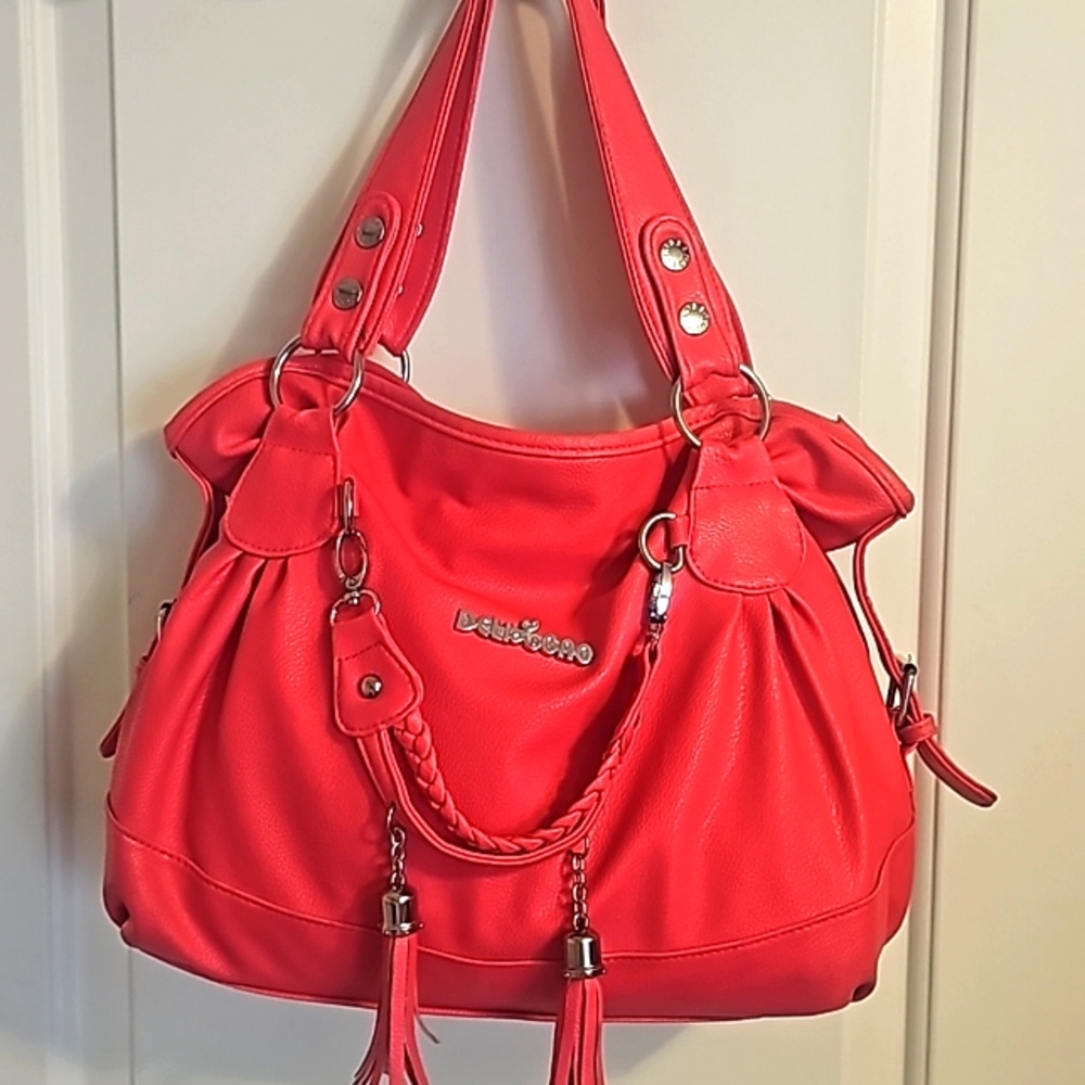 Deli L Gao Designer Bag, Vinyl/Leather Watermelon Red, Handles, Top Zip Closure